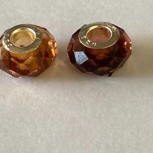 A set of 2 amber & dark brown glass & sterling charms for Pandora-like bracelets